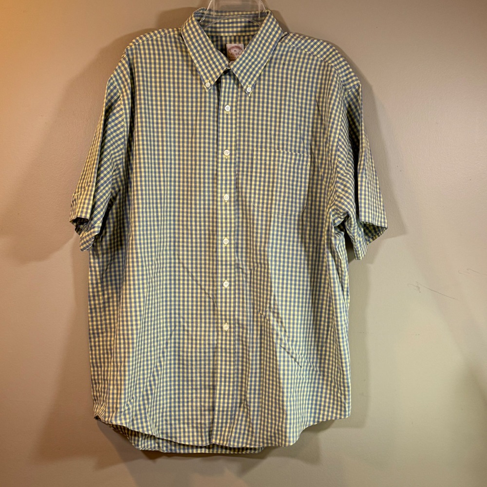 Brooks Brothers Button Down Mens XL Yellow/Blue Gingham Non-Iron Preppy Office - Picture 2 of 10